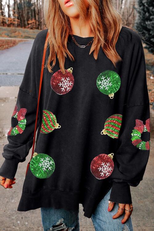 Sequin Christmas Element Round Neck Slit Sweatshirt